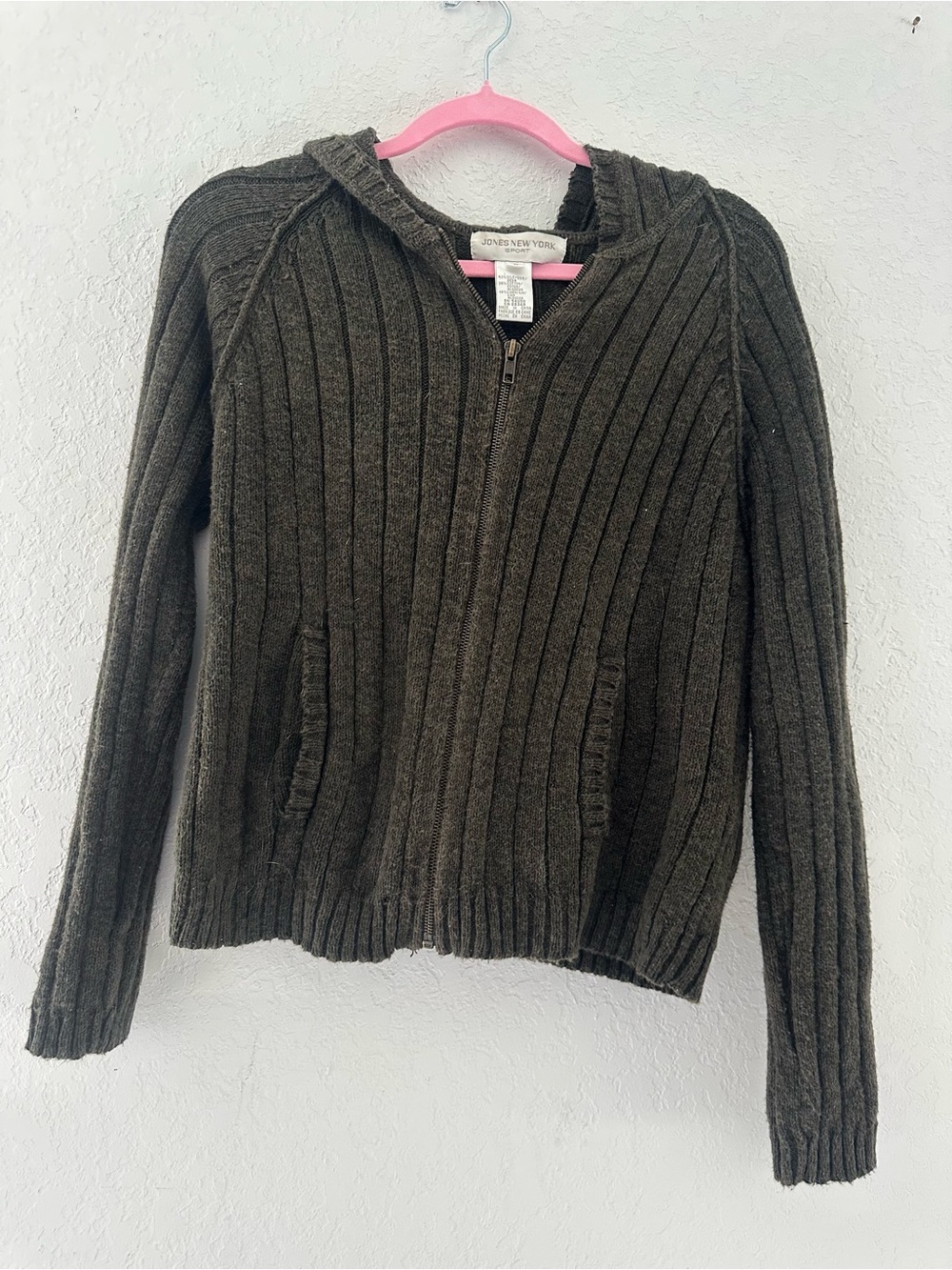 Jones New York Large Brown Silk Cotton Linen Blend Zip Up Hooded Sweater Jacket